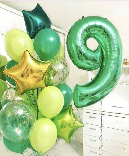 Связка Из Шаров "Зелёный Луг", Воздушные шары с гелием зелёного цвета, Фольга шар цифра 7, Доставка шаров по Москве, Шарики с гелием, Шарики на день рождения для мальчика, Воздушные шары для мальчика