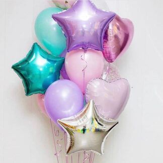 Связка из шаров с гелием из фольги и латекса, шарики с гелием и обработкой, купить воздушные шары с гелием на день рождения с доставкой по Москве, воздушные шары на дом