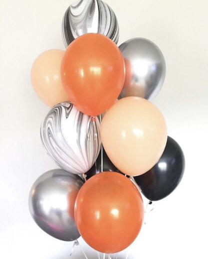 Связка и шаров с гелием рыжего цвета с хромированными серебрянными шарами, шарики на день рождения,