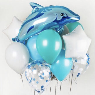 Связка из шаров с дельфином, Шар фигура из фольги Дельфин, Доставка воздушных шаров по Москве, купить шарики с гелием