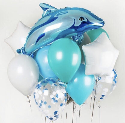 Связка из шаров с дельфином, Шар фигура из фольги Дельфин, Доставка воздушных шаров по Москве, купить шарики с гелием