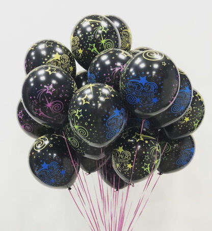 Связка из шаров с гелием с надписью С днём рождения черного цвета, купить шарики с гелием в Москве недорого