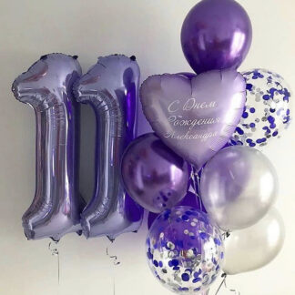Воздушные шары с гелием фиолетового цвета, хромированные шары фиолетовые с цифрой 11, шары ввиде цифры 11 из фольги купить с доставкой по Москве