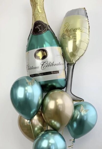 Воздушные шары купить, Связка из шаров, бирюзовые и золотые шарики, Шар бутылка шампанского, Шар бокал шампанского из фольги купить, Подарок на день рождения, украшение праздника шарами
